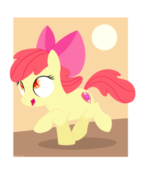 Size: 1800x2160 | Tagged: safe, artist:dtcx97, apple bloom, earth pony, pony, adorabloom, bow, cute, cutie mark, female, filly, foal, hair bow, hooves, lineless, open mouth, red hair, red tail, running, simple background, solo, solo female, sun, tail