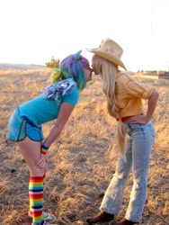 Size: 600x800 | Tagged: safe, artist:liquidshad0w, artist:sakai-mew-sky, applejack, rainbow dash, human, appledash, clothes, cosplay, ears, female, irl, irl human, jeans, kissing, lesbian, photo, rainbow socks, shipping, shoes, sneakers, socks, striped socks, wings