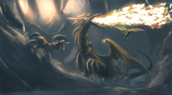 Size: 1024x565 | Tagged: safe, artist:raikoh, shining armor, oc, dragon, pony, unicorn, armor, cave, epic, fight, fire, fire breath, guard, male, stallion