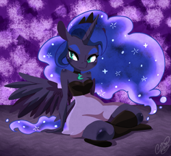 Size: 1087x993 | Tagged: safe, artist:glorifiedmop, princess luna, anthro, clothes, dress, female, jewelry, pendant, sitting, solo