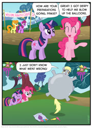 Size: 840x1154 | Tagged: safe, artist:kturtle, derpibooru import, berry punch, berryshine, carrot top, derpy hooves, golden harvest, pinkie pie, twilight sparkle, earth pony, pegasus, pony, balloon, comic, facehoof, female, i just don't know what went wrong, inflation, mare, wat