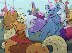 Size: 2732x2048 | Tagged: safe, artist:percy-mcmurphy, derpibooru import, applejack, trixie, oc, earth pony, pony, cape, clothes, hat, magic, offspring, ponyville