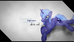 Size: 1920x1080 | Tagged: safe, artist:overmarex, artist:sokolas, princess luna, alicorn, pony, alternate hairstyle, lying down, prone, quote, render, s1 luna, solo, sploot