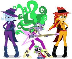 Size: 3210x2651 | Tagged: safe, artist:imperfectxiii, artist:punzil504, derpibooru import, humdrum, mane-iac, mare do well, spike, sunset shimmer, trixie, dog, equestria girls, clothes, cosplay, costume, crossover, darkwing duck, equestria girls-ified, flying v, guitar, negaduck, negamare, power ponies, simple background, spike the dog, transparent background, vector
