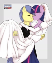 Size: 1280x1536 | Tagged: safe, artist:kloudmutt, derpibooru import, comet tail, twilight sparkle, anthro, background pony, clothes, cometlight, dress, female, kissing, male, shipping, straight, wedding, wedding dress