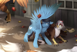 Size: 2230x1500 | Tagged: safe, artist:mr-tiaa, derpibooru import, oc, oc only, oc:gretchen, oc:quicksilver, griffon, pegasus, pony, fanfic:where the heart lies, commission, digital art, duo, female, food, griffon oc, male, protecting, rotten tomatoes, spread wings, story in the source, story included, tomato, wings