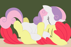 Size: 920x613 | Tagged: safe, artist:dtcx97, apple bloom, sweetie belle, earth pony, pony, unicorn, blank flank, duo, duo female, eyes closed, female, filly, floppy ears, foal, foal romance, hooves, horn, kissing, lesbian, lineless, on back, on top, shipping, sweetiebloom