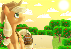 Size: 1000x692 | Tagged: safe, artist:amirah-the-cat, applejack, earth pony, pony, looking back, looking up, solo, sun, tree