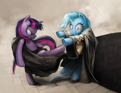 Size: 700x538 | Tagged: safe, artist:miszasta, derpibooru import, trixie, twilight sparkle, pony, semi-anthro, unicorn, 300, bipedal, bottomless pit, cloak, clothes, duckface, female, frown, glare, gritted teeth, imminent death, kicking, mare, murder, obtrusive watermark, parody, scene parody, this is sparta, watermark, wide eyes