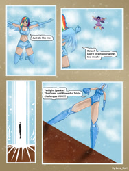 Size: 1024x1365 | Tagged: safe, artist:zera_kori, derpibooru import, rainbow dash, trixie, twilight sparkle, human, comic:trixie vs. rainbow dash and twilight sparkle, belly button, breasts, clothes, comic, dress, humanized, midriff, sports bra, winged humanization, wings