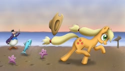 Size: 1760x990 | Tagged: safe, artist:wdeleon, applejack, bird, dodo, earth pony, pony, alice in wonderland, crossover, cute, female, feminism, jackabetes, mackerel, mare, overcoat, starfish, stetson, tomboy, tricorne, waistcoat