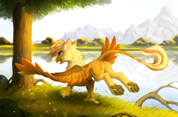 Size: 1280x847 | Tagged: safe, artist:hioshiru, derpibooru import, oc, oc only, oc:ember burd, griffon, butt, commission, eared griffon, griffon oc, lake, mountain, paws, plot, pond, scenery, smiling, solo, spread wings, tree, underpaw, wings, ych result