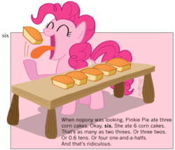 Size: 700x600 | Tagged: safe, artist:kturtle, pinkie pie, earth pony, pony, the cutie pox, and that's terrible, cake, corn cake, eating, eyes closed, female, mare, open mouth, parody, smiling, tongue out