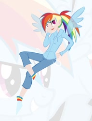 Size: 676x883 | Tagged: safe, artist:rainekitty, rainbow dash, humanized, skinny, solo, winged humanization