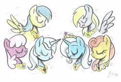 Size: 2074x1404 | Tagged: safe, artist:garciarael, derpibooru import, carrot top, cheerilee, derpy hooves, golden harvest, lyra heartstrings, sunshower raindrops, trixie, pegasus, pony, alternate universe, elements of harmony, eyes closed, female, lunaverse, mare