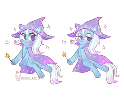 Size: 800x634 | Tagged: safe, artist:morose-muffin, derpibooru import, trixie, pony, unicorn, cape, clothes, cute, diatrixes, female, hat, lidded eyes, mare, simple background, solo, sparkles, trixie's hat, wand, white background