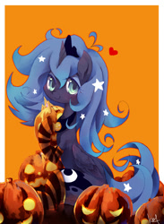 Size: 800x1094 | Tagged: safe, artist:kolshica, princess luna, alicorn, pony, blushing, clothes, filly, heart, jack-o-lantern, looking at you, pumpkin, smiling, socks, solo, striped socks, woona