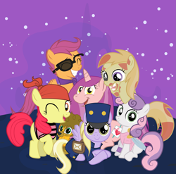 Size: 2203x2173 | Tagged: safe, artist:alkarasu, apple bloom, dinky hooves, noi, princess luna, scootaloo, snails, sweetie belle, alicorn, pony, cutie mark crusaders, escargot, fanfic art, nightmare night, pirate, rule 63