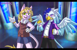 Size: 6600x4300 | Tagged: safe, artist:jazzerix, derpibooru import, oc, oc only, oc:daydream, anthro, griffon, unicorn, absurd resolution, clothes, fingerless gloves, gloves, griffon oc, open mouth, shorts, unnamed oc