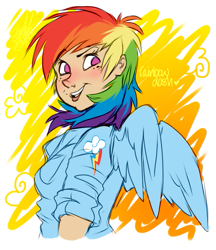 Size: 605x700 | Tagged: safe, artist:zobobafoozle, rainbow dash, clothes, female, humanized, multicolored hair, simple background