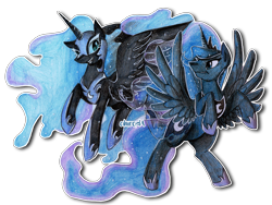 Size: 3169x2388 | Tagged: safe, artist:cihiiro, nightmare moon, princess luna, alicorn, pony, duality, flying, grin, rearing, simple background, smiling, spread wings, traditional art, transparent background