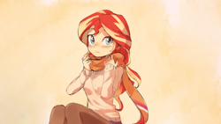 Size: 1920x1080 | Tagged: safe, artist:baekgup, edit, sunset shimmer, human, equestria girls, blushing, clothes, cute, daaaaaaaaaaaw, female, hnnng, looking at you, scarf, shimmerbetes, sitting, skirt, socks, solo, stockings, sweater, thigh highs, wallpaper, wallpaper edit, weapons-grade cute