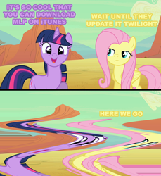 Size: 500x547 | Tagged: safe, derpibooru import, fluttershy, twilight sparkle, pegasus, pony, 2 panel comic, celestia why, comic, compression, episodes, itunes, oh god, wat