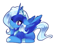 Size: 647x475 | Tagged: safe, artist:loyaldis, derpibooru import, trixie, alicorn, chibi, cute, missing cutie mark, prone, race swap, simple background, solo, transparent background, trixiecorn, wingding eyes, wink