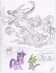 Size: 3922x5133 | Tagged: safe, artist:devilkais, derpibooru import, spike, twilight sparkle, dragon, traditional art