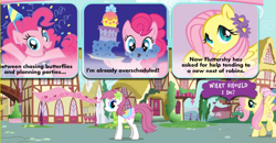 Size: 748x388 | Tagged: safe, screencap, fluttershy, pinkie pie, oc, earth pony, pegasus, pony, adventures in ponyville, official, talking in third person