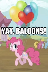 Size: 337x500 | Tagged: safe, edit, edited screencap, screencap, cherry berry, linky, pinkie pie, shoeshine, earth pony, pony, it's about time, balloon, cropped, misspelling, then watch her balloons lift her up to the sky