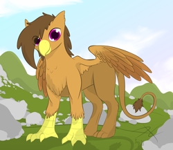 Size: 2720x2360 | Tagged: safe, artist:parallel black, derpibooru import, oc, oc:moonquill, griffon, commission, digital art, female, griffon oc, looking at you, mountain