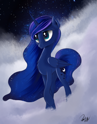 Size: 1936x2457 | Tagged: safe, artist:pajaga, princess luna, alicorn, pony, cloud, night, solo, stars