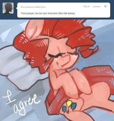 Size: 662x700 | Tagged: dead source, safe, artist:dhui, pinkie pie, earth pony, pony, ask tired pie, bed, captain obvious, pillow