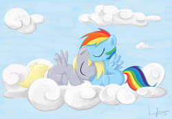 Size: 1600x1105 | Tagged: dead source, safe, artist:tkc, derpy hooves, rainbow dash, pegasus, pony, blonde, blonde mane, blonde tail, female, gray coat, mare, wings