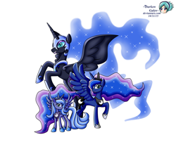 Size: 7853x6875 | Tagged: safe, artist:darkengales, nightmare moon, princess luna, alicorn, pony, absurd resolution, grin, lunar trinity, raised hoof, rearing, s1 luna, simple background, solo, spread wings
