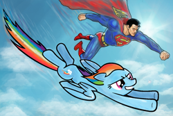 Size: 1200x800 | Tagged: safe, artist:commandplay, rainbow dash, pegasus, pony, clothes, female, multicolored hair, simple background, superman