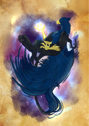 Size: 2480x3507 | Tagged: safe, artist:thehavanawolf, derpibooru import, oc, oc:corsair, oc:eid, griffon, beak, griffon oc, male, paws, solo, stars, tail, talons, tangible heavenly object, wings