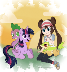 Size: 813x871 | Tagged: safe, artist:musapan, derpibooru import, spike, twilight sparkle, dragon, crossover, pokémon, rosa, shoes, sneakers, snivy