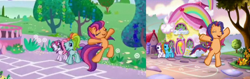 Size: 950x300 | Tagged: safe, rainbow dash, rainbow dash (g3), scootaloo, scootaloo (g3), sweetie belle, sweetie belle (g3), pegasus, pony, g3, g3.5, comparison, hopscotch (game), intro, scootaloo will show us games to play