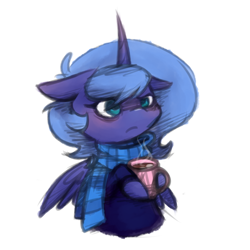 Size: 800x800 | Tagged: safe, artist:breadcipher, princess luna, alicorn, pony, clothes, coat, coffee, cup, drink, mug, s1 luna, scarf, simple background, solo, white background
