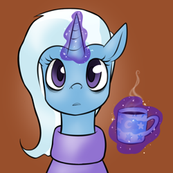 Size: 750x750 | Tagged: safe, artist:showtimewithwhooves, derpibooru import, trixie, pony, unicorn, clothes, coffee, female, mare, solo, sweater