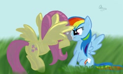 Size: 1656x1004 | Tagged: safe, artist:aanau, angel bunny, fluttershy, rainbow dash, pegasus, pony, female, mare, wings