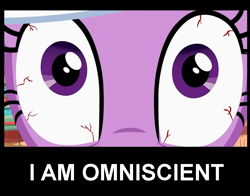 Size: 1054x828 | Tagged: safe, derpibooru import, edit, edited screencap, screencap, twilight sparkle, it's about time, bloodshot eyes, close-up, eyes, image macro, monitor everything, solo