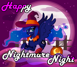 Size: 1721x1501 | Tagged: safe, artist:lulukana, princess luna, alicorn, pony, spider, clothes, costume, hat, jack-o-lantern, nightmare night, nightmare night costume, pumpkin, socks, solo, spider web, striped socks, witch hat