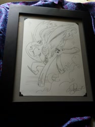 Size: 960x1280 | Tagged: safe, artist:andypriceart, princess luna, alicorn, pony, black and white, eyes closed, framed picture, grayscale, laughing, moon, photo, sketch, solo