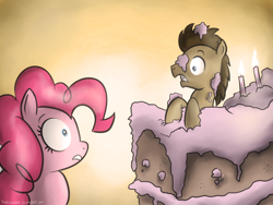 Size: 1024x768 | Tagged: safe, artist:fongsaunder, doctor whooves, pinkie pie, earth pony, pony, cake, doctor who, duo, surprise cake