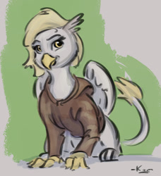 Size: 902x991 | Tagged: safe, artist:kam, derpibooru import, oc, griffon, clothes, female, griffon oc, hoodie, quadrupedal, solo