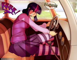 Size: 3375x2625 | Tagged: safe, artist:mrw32, twilight sparkle, human, angry, car, censored vulgarity, clothes, female, grawlixes, humanized, sitting, socks, solo, striped socks, tatra, tatra t77, thigh highs, twilight being an angry driver