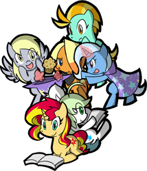 Size: 710x829 | Tagged: safe, artist:rvceric, derpibooru import, derpy hooves, lightning dust, sunset shimmer, trixie, oc, oc:emerald green, oc:flint trigger, pony, alternate mane six, book, group, muffin, pixiv, simple background, transparent background